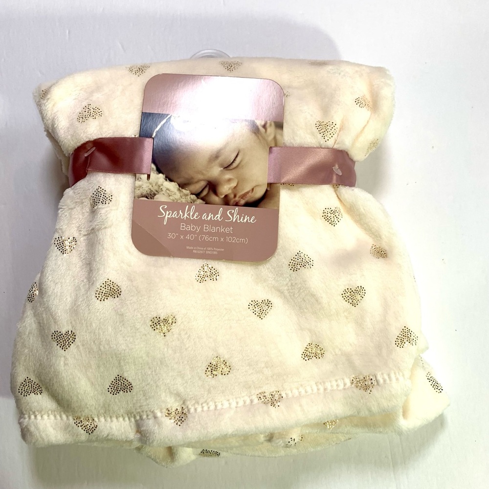 Sparkle & Shine Cream & Gold Heart Baby Blanket NWT